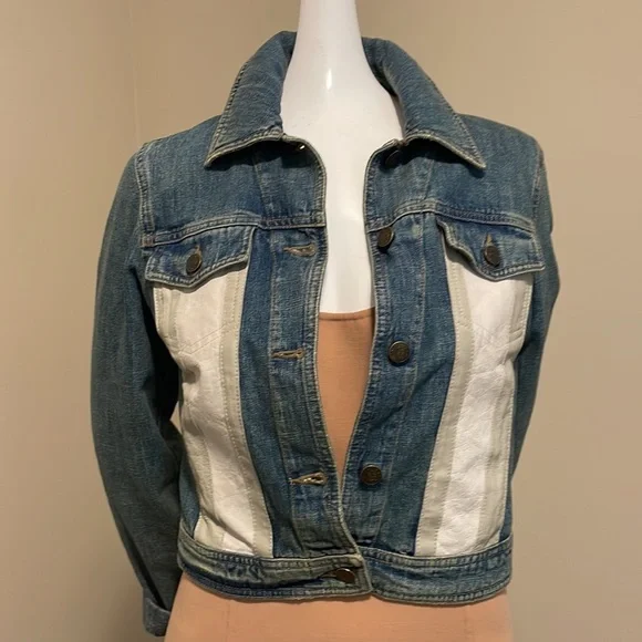 AJ ARMANI JEANS VINTAGE NEVER WORN JEAN JACKET CROPPED WITH LEATHER IN FRONT - Picture 3 of 15